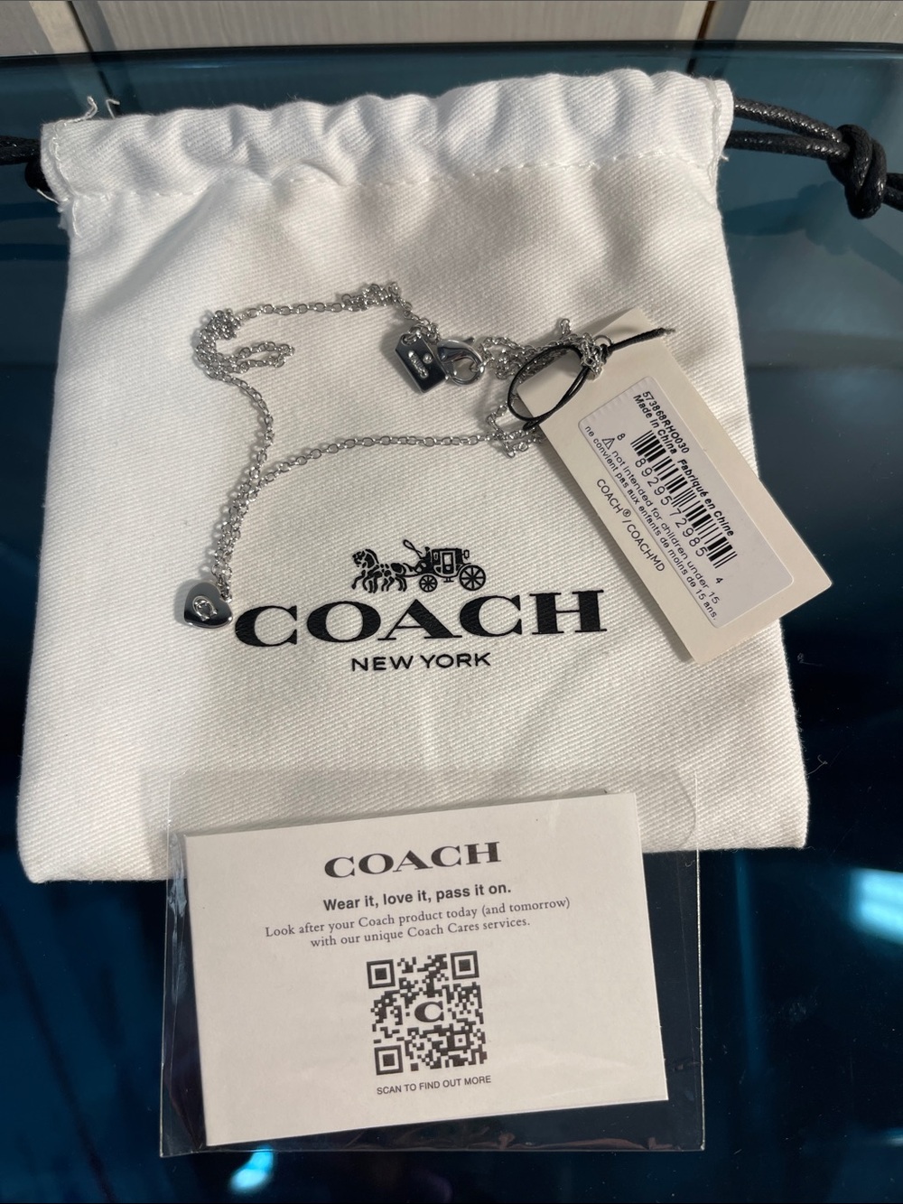 Coach Silver Heart Charm Necklace with Logo Pouch and Tag NWT & dust bag